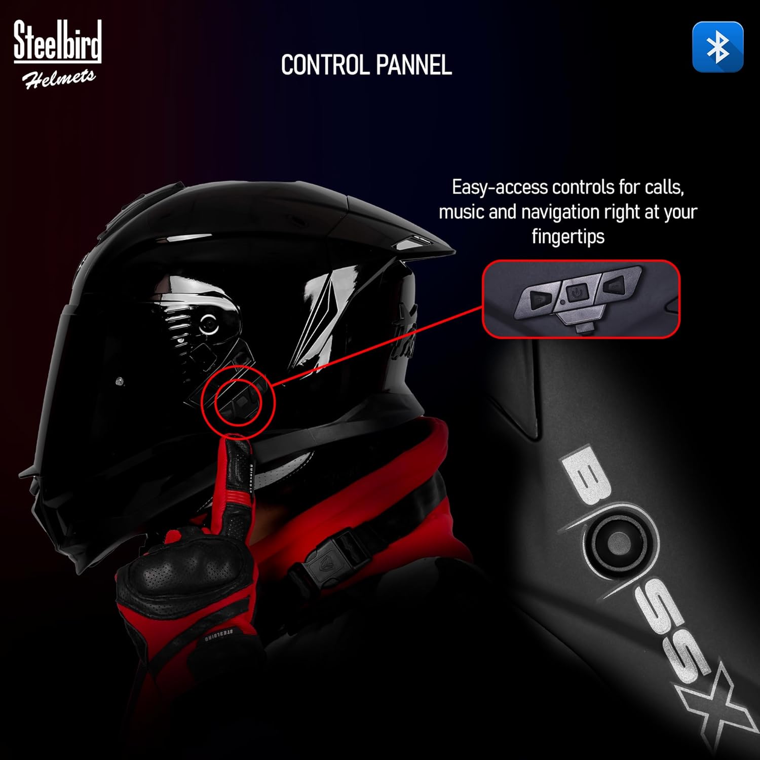 STEELBIRD FIGHTER BASS X BLUETOOTH HELMET - GLOSS BLACK