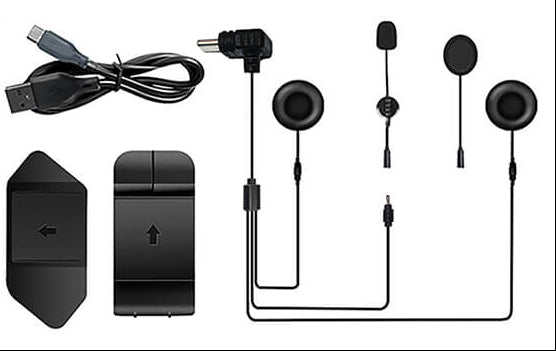EJEAS motorcycle helmet intercom set with packaging, headset, and accessories on a white background