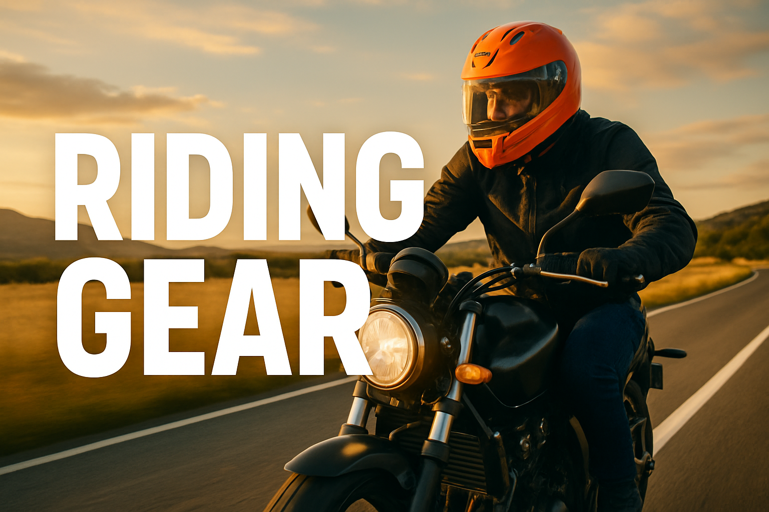 a banner saying riding gear and a motorcyclist in the background