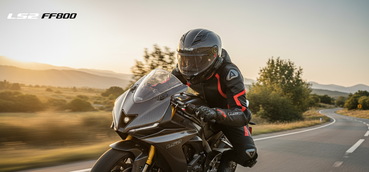 A product banner photo of ls2 ff800 helmet with a rider riding in it