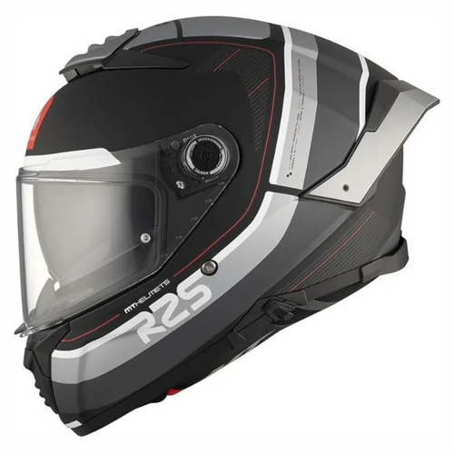 A black, gray, and white full-face motorcycle helmet with a clear visor, featuring the 'R2S' and 'MT-NEVER' branding on a clean white background.