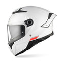 A white full-face motorcycle helmet with a clear visor, black trim, and a small red and black graphic detail on the side, shown against a plain white background.