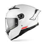 A white full-face motorcycle helmet with a clear visor, black trim, and a small red and black graphic detail on the side, shown against a plain white background.