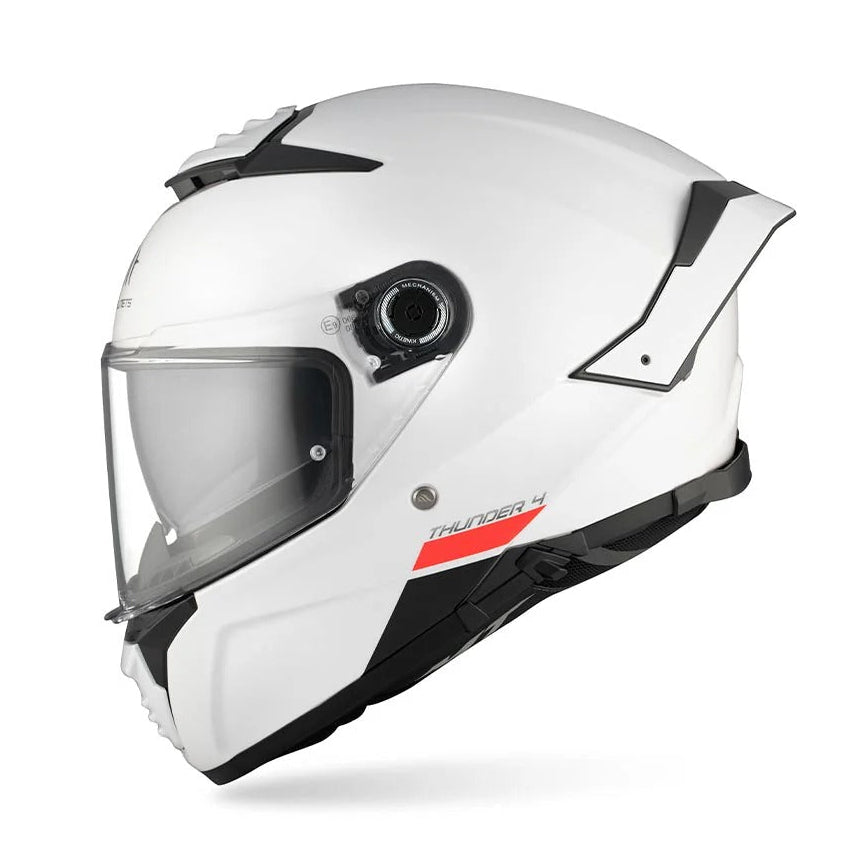 A white full-face motorcycle helmet with a clear visor, black trim, and a small red and black graphic detail on the side, shown against a plain white background.