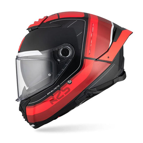 Red and black motorcycle helmet with clear visor on a white background